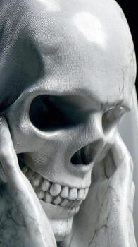 Close-up of a detailed marble skull sculpture with deep eye sockets and realistic teeth. The skull is partially covered with marble drapery, emphasizing the texture and craftsmanship photo