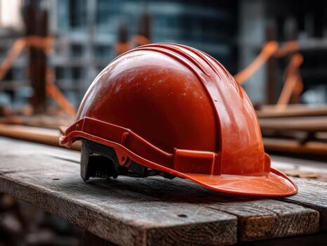 A red safety helmet rests on a wooden plank at a construction site. The background is slightly blurred, revealing structural elements and metal rods. The image conveys a theme of industrial safety photo