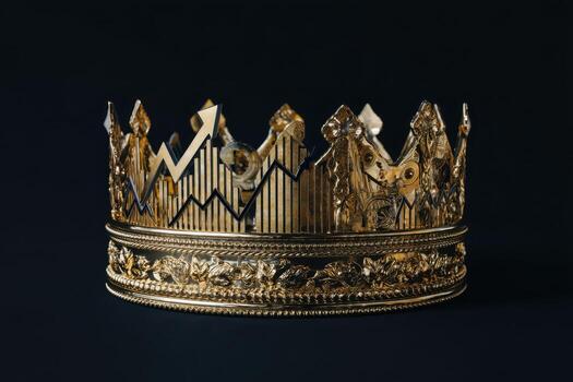 Golden ornate crown with intricate patterns, featuring pointed tips and detailed engravings. The crown displays a combination of smooth and textured surfaces, creating a regal and majestic appearance photo