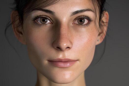 Close-up of a person with short dark hair, neutral expression, and brown eyes. The person has clear skin and subtle makeup, with soft lighting enhancing facial features. No text visible photo