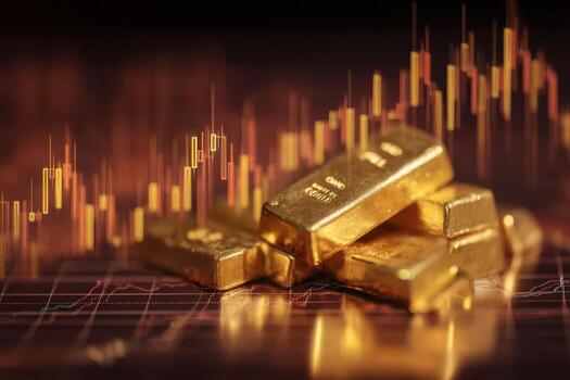 Gold bars stacked on a reflective surface with a financial chart featuring various upward and downward candlestick patterns in the background, suggesting market analysis and investment themes photo