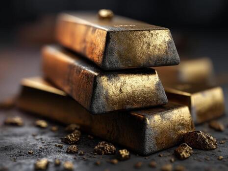 Stack of shiny gold bars on a dark surface with scattered gold nuggets. Textural details of the metal bars are emphasized. No visible text in the image photo