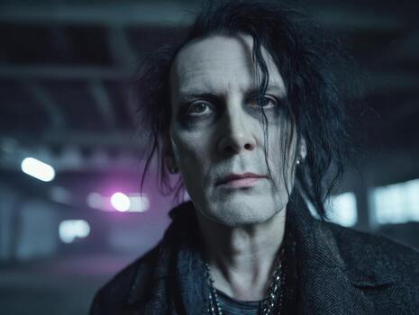 Serious individual with dramatic makeup and disheveled dark hair gazes into the camera in a dim industrial setting. Subtle lighting casts shadows, creating a mysterious atmosphere photo