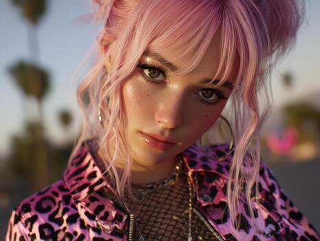 joven mujer con rosado pelo y un elegante leopardo impresión chaqueta miradas directamente a el cámara con suave Encendiendo destacando su características, antecedentes demostración borroso naturaleza elementos foto