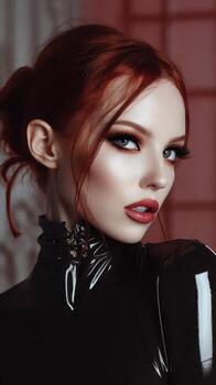 Red-haired woman in glossy black attire gazes out of frame, with striking makeup emphasizing her eyes and lips. Side profile conveys elegance and intensity, creating a captivating visual photo