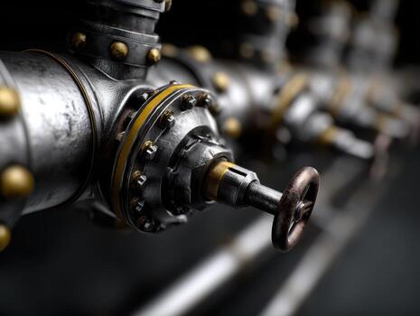 Close-up of industrial metal pipes with intricate valve systems, showcasing detailed bolts and connections. The focus is on the central valve, with a slightly blurred background photo
