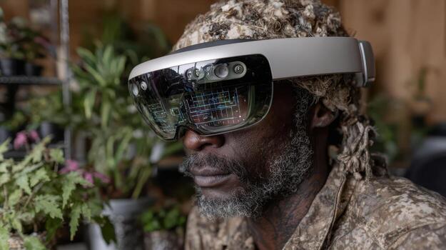Man with VR goggles featuring digital interface design reflected in lenses, focused expression, wearing camouflage attire, surrounded by various plants in a naturalistic setting photo