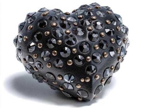 Heart-shaped object adorned with black and metallic studs, featuring various sizes of faceted gems creating a textured, luxurious appearance. The design is striking and modern photo