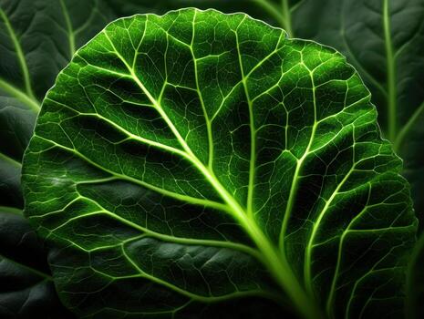 Vibrant close-up of a veiny green leaf, showcasing intricate patterns and textures illuminated by light. The details of the leaf's surface create a visually stunning natural display photo