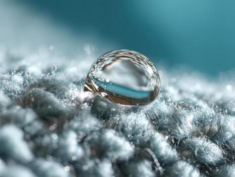 A clear droplet rests perfectly on textured grey fabric with detailed fibers, showcasing reflection and refraction. The droplet captures light, emphasizing its spherical shape and clarity photo