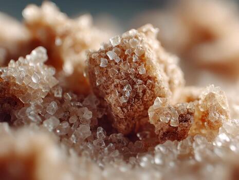 marrón cristalino racimos de cerca, mostrando intrincado texturas con un mezcla de multa y grueso gránulos atención en el central clúster detallado superficie, destacando sus transparencia foto