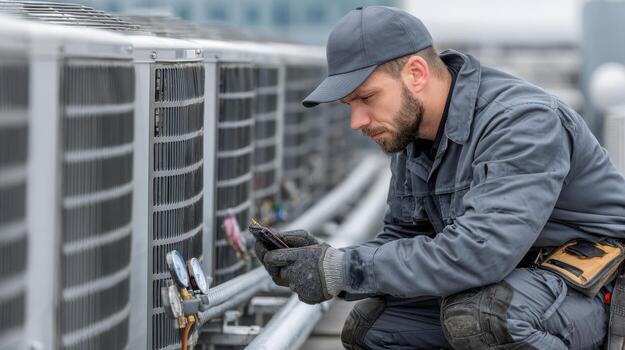 Worker in gray uniform and cap inspects HVAC system on rooftop, using tools and gauges for maintenance. He holds smartphone while kneeling beside metal units, focused on task photo
