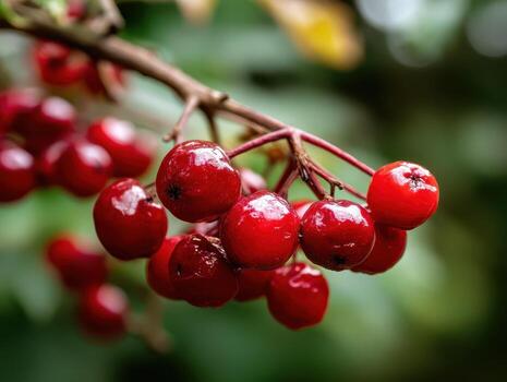 Clusters of shiny red berries hang from a thin, woody branch. The berries are vibrant and glossy, standing out against a blurred green background, suggesting a natural setting photo