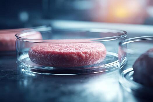 Lab-grown meat patty in a transparent glass dish on a dark surface with faint background light hints at an advanced scientific food innovation and alternative protein source photo
