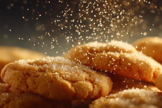 Golden cookies sprinkled with sugar are stacked closely. The warm lighting highlights the texture and creates an appetizing effect, with sugar crystals falling gently in the foreground photo
