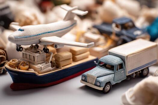 Toy airplane on top of a detailed toy ship surrounded by small packages and a vintage-style toy truck in focus. Various intricate toy vehicles in the blurred background visible photo
