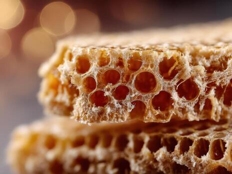 Close-up of a honeycomb structure made of waffle-like material, with numerous circular openings and intricate texture, highlighting its pattern and rich golden brown color photo