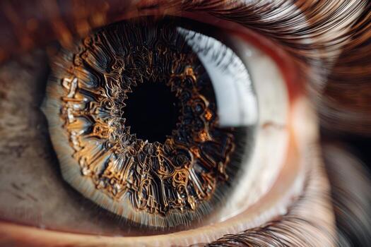 Extreme close-up of a human eye showing intricate details of the iris and eyelashes. The iris displays complex patterns in shades of brown, orange, and blue, creating a mesmerizing effect photo