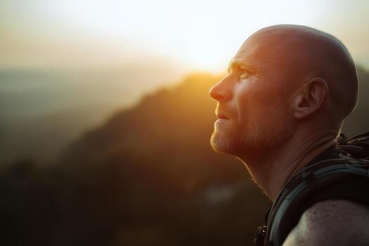 A man gazes intently into the distance during sunset, casting a warm golden light on his face. His expression is thoughtful, with a blurred natural landscape in the background photo