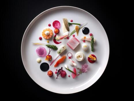 A large white plate features an artistic arrangement of colorful small food items, including vegetables, seafood, and garnishes, creating a visually appealing culinary design photo