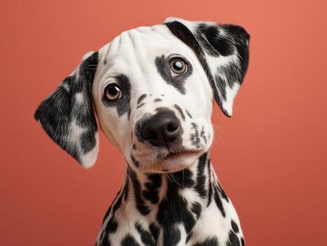 Adorable black and white spotted puppy with large eyes tilts its head slightly, showing a curious expression. The dogs ears flop to the side, adding to its endearing look photo