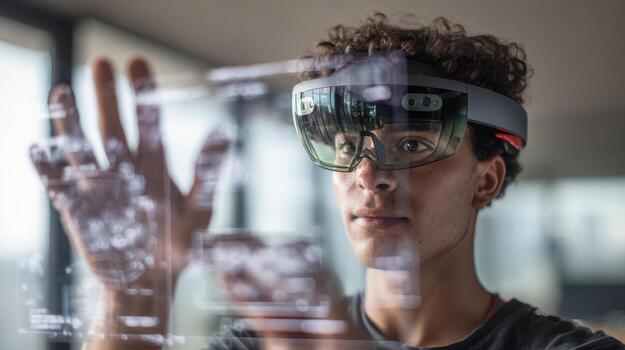 Individual wearing transparent smart glasses interacts with a digital interface, focusing intently on holographic elements floating in the air. Light reflections highlight the tech innovation photo
