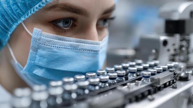 A focused person in blue protective mask and cap observes vials on an automated assembly line, highlighting precision and sterile environment in a laboratory or production setting photo