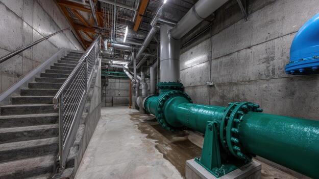 Industrial setting with large green pipes, metal stairs, and concrete walls. Overhead cables and pipes are visible, along with fluorescent lighting. No visible text photo
