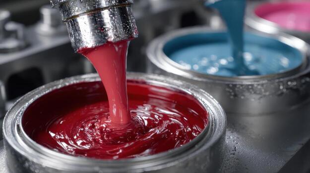 Thick red ink pours from a metallic nozzle into a round container, alongside similar containers filled with blue and pink ink. Industrial background with focus on rich color and texture photo