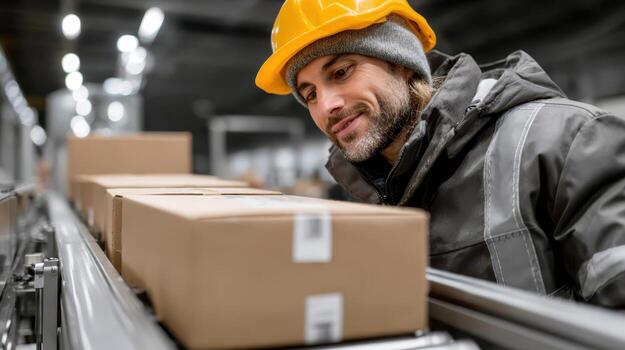 A man wearing a yellow hard hat and warm clothing inspects boxes on a conveyor belt in a warehouse setting. The boxes have labels, and the environment appears industrial and organized photo