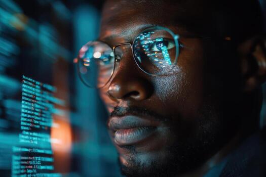 hombre vistiendo lentes se enfoca atentamente en computadora pantalla con brillante código reflexiones oscuro, inspirado en la tecnología atmósfera enfatiza concentración y impulsado por la tecnología ambiente foto