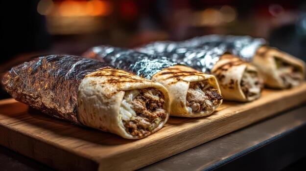 Four foil-wrapped burritos filled with meat and rice are lined up on a wooden board, with a warm, blurred background in a cozy dining setting. No text visible photo