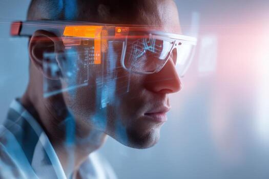 Futuristic scene with a man wearing advanced smart glasses displaying digital interfaces. Blue and orange graphics reflect on the lenses, suggesting a high-tech virtual environment photo