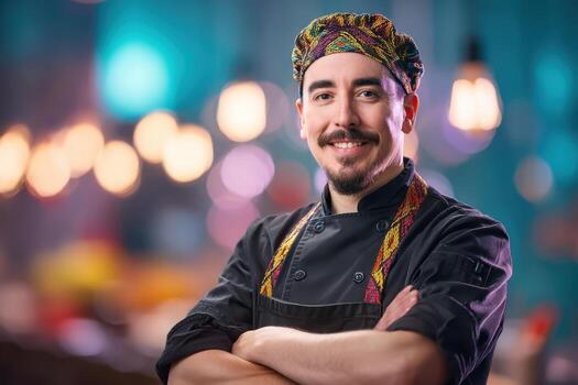 Smiling chef wearing colorful headscarf and black uniform with crossed arms, standing confidently in warmly lit environment, with out-of-focus lights creating a bokeh effect around photo