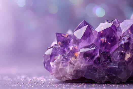 Purple crystal cluster with sharp facets glistens under soft lighting, surrounded by small sparkles. A bokeh effect in the background enhances the gem's vibrant hue and clarity photo