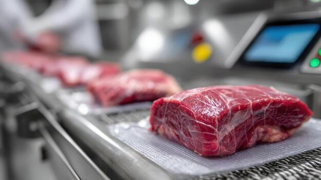 Cut of raw meat in vacuum packaging on a production line in a modern food processing facility. The meat pieces are uniformly aligned with a blurred background of machinery photo