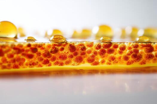 A close-up view of honeycomb with golden honey drops glistening on the surface. The intricate hexagonal pattern is visible with amber hues, showcasing the richness and texture of fresh honey photo