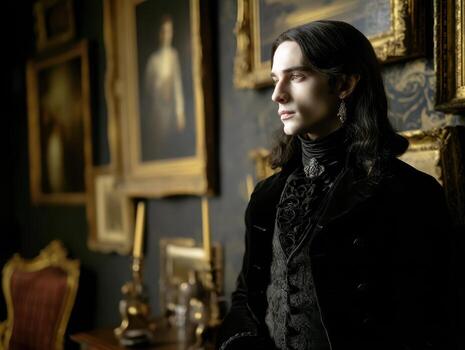 Dark-haired person in Victorian attire gazes thoughtfully to the side in an elegantly decorated room with framed portraits and candle holders, evoking a mysterious and classic atmosphere photo