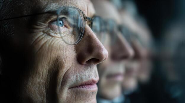 Elderly man with glasses gazes intently, showcasing deep wrinkles and a focused expression. Reflection visible beside him, creating a contemplative and introspective mood photo