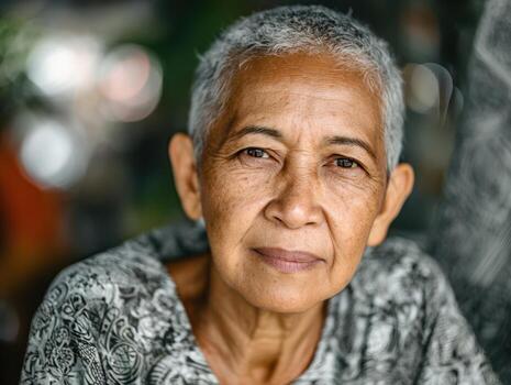 Elderly woman with short gray hair gazes intently, wearing a patterned top. The blurred background adds a soft effect, emphasizing her calm expression and natural beauty photo