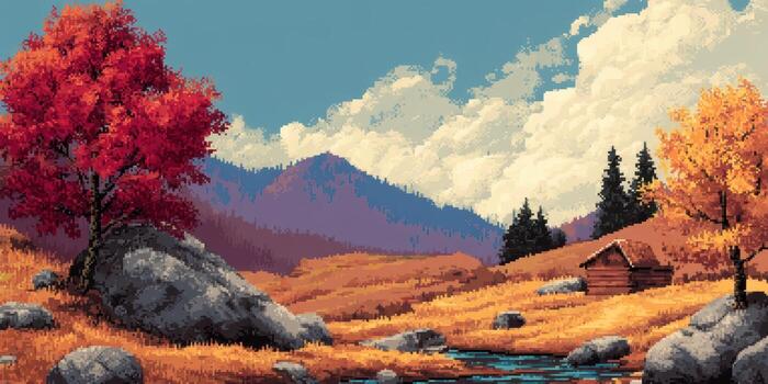 A serene autumn landscape with vibrant red and yellow trees, mountains under a bright sky, and a small cabin near a stream flowing between rocks. Puffy white clouds dot the sky photo