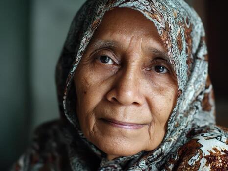 Elderly woman wearing a patterned headscarf, with deep wrinkles and wise eyes, gazes calmly at the camera, reflecting wisdom and life experience. Her expression is serene and thoughtful photo
