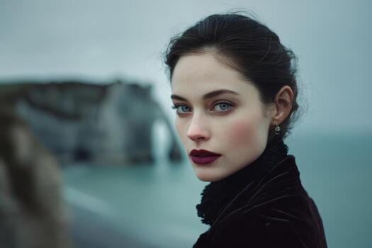 Brunette woman with striking blue eyes wears dark lipstick and velvet coat, standing by the ocean. Cliffs fade into misty background, creating a mysterious, ethereal atmosphere photo