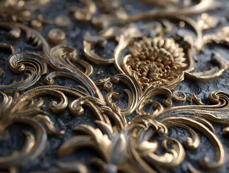 Ornate gold floral pattern intricately carved on a textured surface, highlighting elegant swirling lines and a prominent central flower, shimmers with depth and artistry photo