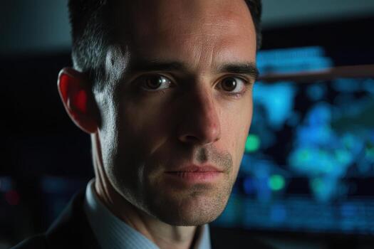 Serious man in focus, facing camera with intense expression, in professional setting. Blurred high-tech screens in background, conveying an environment of technology or control photo