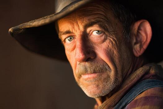 Wrinkled older man in a brown hat and plaid shirt gazes directly at the camera. Sunlit face displays deep expression, highlighted eyes, and rugged texture, conveying a story of experience photo