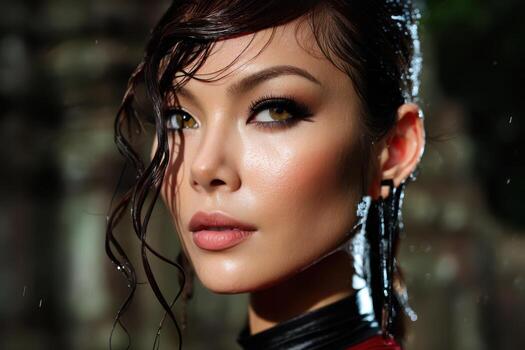 Wet-haired woman with striking makeup gazes intently, highlighting her glowing skin and bold eyeliner. The atmosphere conveys elegance and intensity, with a blurred backdrop photo
