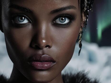 Close-up of a person with strikingly vivid eyes, adorned in dark makeup and intricate hair details. The expression is intense, with a blurred backdrop adding a dramatic effect photo