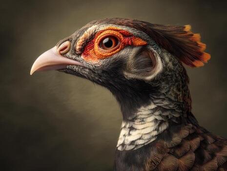 Portrait of a detailed bird with vivid orange eye, intricate feather patterns, and a textured crest. The beak is prominent, and the plumage transitions from dark to light tones photo