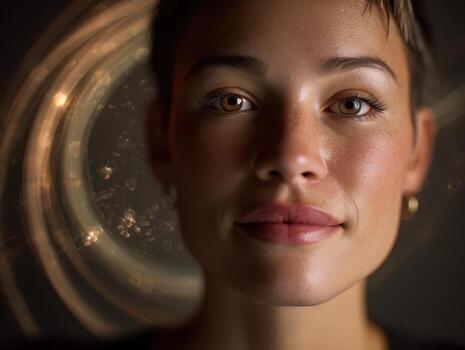 A woman with short hair and brown eyes gazes directly, framed by swirling light patterns and blurred bokeh effects. Her skin reflects a soft glow, highlighting her natural features photo